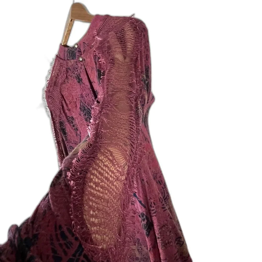 Free People Boho Tunic Top Lace Sleeve Keyhole Back Linen Blend M